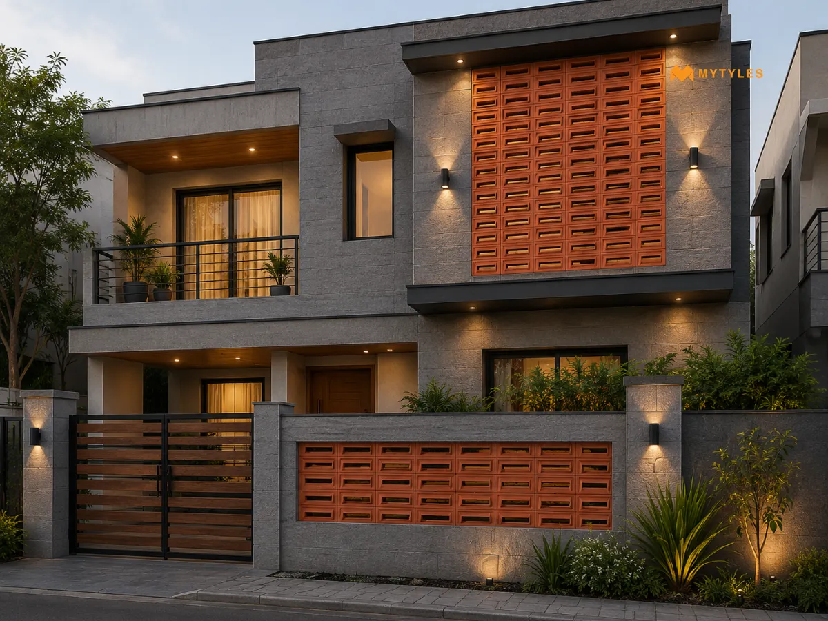 Terracotta Jali with Grey Elevation Tiles for a Modern Facade